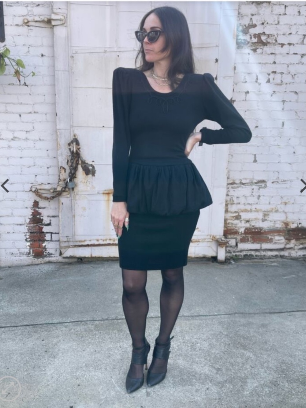 All That Jazz Vintage Black Knit Peplum Long Sleeve Shoulder Padded Mini Dress S